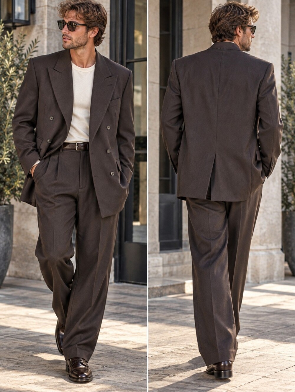 Vtg 1988 Hickey Freeman Roots 44L Double Breasted 2pc Suit Brown 36x32 Corpcore